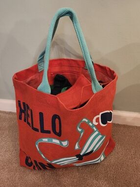 Coral Graphic Tote with Teal Handles - "HELLO SUN" Bag